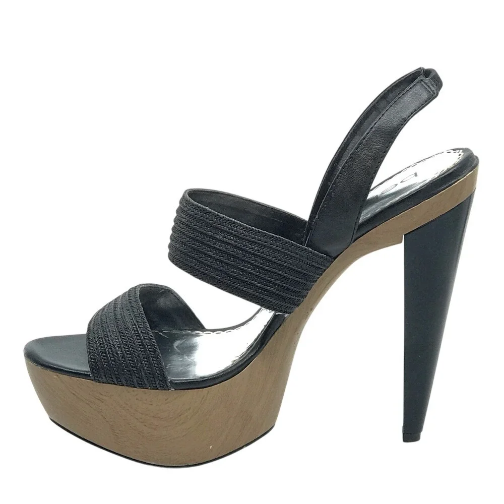 BEBE BLACK & TAN WOODEN PLATFORM‎ SANDAL HIGH HEEL